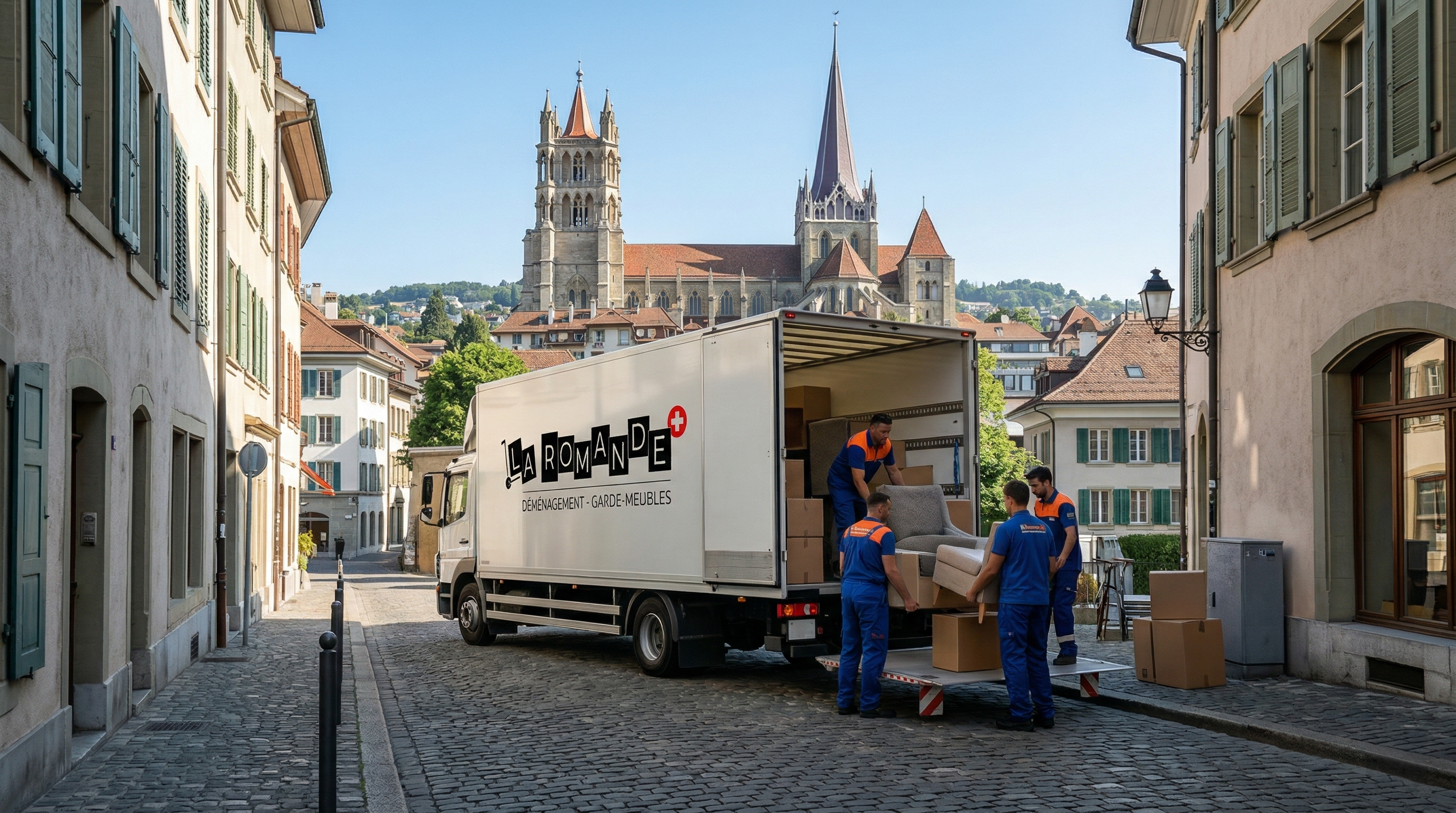 Camion de La Romande Déménagement en mission près de la Cathédrale de Lausanne