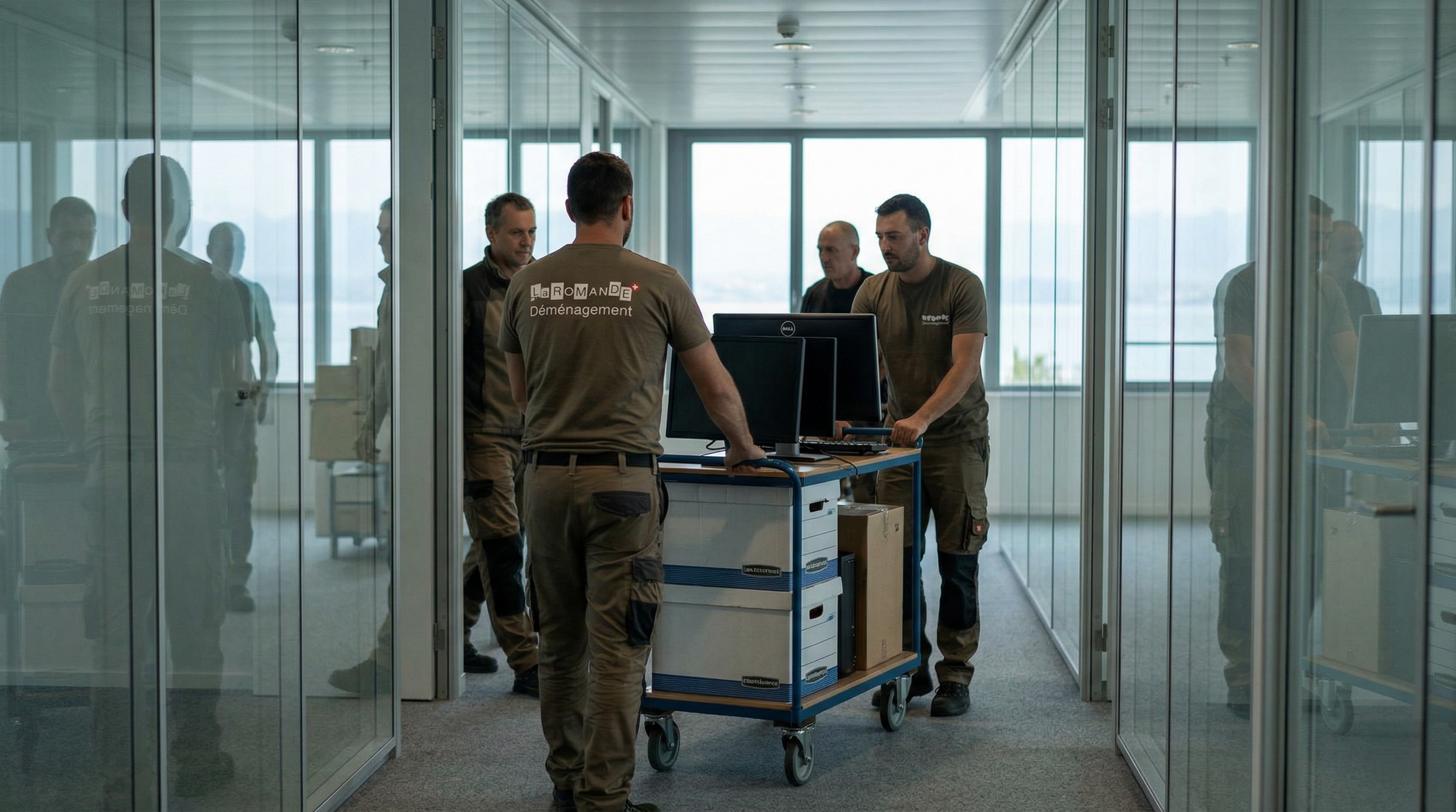 Équipe de La Romande Déménagement transportant du matériel informatique